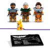 Three LEGO minifigures and a LEGO cat figure are displayed above a black display stand with text and an illustration of a spaceship. Náhled obrázku produktu