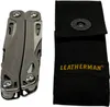 A Leatherman multi-tool and its black fabric sheath are displayed side-by-side against a white background. Produktbild-Vorschau
