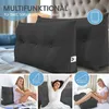 A collage showing a dark gray wedge pillow in various settings and orientations, with text overlays and diagrams. Produktbild-Vorschau