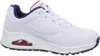 A white SKECHERS UNO women's sports shoe with blue and red accents. Voir les images du produit