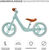 A light blue balance bike with a brown seat and handlebars, shown against a white background. Below the bike are four circular icons with text. Anteprima dell’immagine prodotto