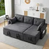 A gray sectional sofa with a pull-out bed and storage compartments is shown in a living room setting. Podgląd zdjęcia produktu