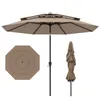 A three-tiered patio umbrella is shown in an open state, with a top-down view of the canopy and a closed view of the umbrella. Náhled obrázku produktu