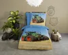 A bedroom scene with a bed featuring tractor-themed bedding, plants, and decorative wall art. Produktbild-Vorschau
