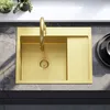 A top-down view of a gold kitchen sink with a gold faucet and a drain. Náhľad obrázku produktu