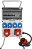 A portable electrical distribution box with multiple outlets and circuit breakers, mounted on a stand. Produktbild-Vorschau