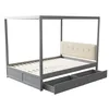 A four-poster bed frame with a tufted headboard and two open drawers underneath, displayed against a white background. Produktbild-Vorschau
