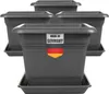 A set of four dark gray square planters with saucers, arranged in a staggered formation against a white background. A label with the German flag and 'MADE IN GERMANY' is attached to the front planter. Produktbild-Vorschau