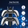 A charging station for two PS5 controllers, with marketing text and icons highlighting safety features. Produktbild-Vorschau