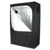 A black grow tent with a reflective silver interior, partially open. Produktbild-Vorschau