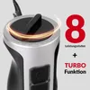 Close-up of the top part of an immersion blender with marketing text and graphics. Produktbild-Vorschau