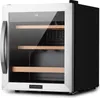 A small, silver and black wine cooler with wooden shelves and a glass door. Produktbild-Vorschau