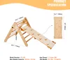A diagram showing the dimensions of a wooden Pikler triangle climbing toy set, with a separate illustration of a climbing wall. Podgląd zdjęcia produktu