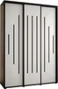 A three-door wardrobe with a modern design, featuring vertical black lines on white doors, set against a white background. Produktbild-Vorschau