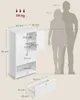 A diagram showing the dimensions of a white cabinet, with silhouettes of two people for scale. Produktbild-Vorschau