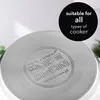 The bottom of a stainless steel pot is shown, with embossed branding and symbols. A black circle with text is overlaid on the upper right. Náhled obrázku produktu
