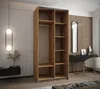 An open wardrobe with shelves and a hanging rod, set in a modern bedroom with a dresser and mirror in the background. Produktbild-Vorschau