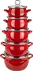 A stack of red enamel pots with silver rims and handles, against a white background. Podgląd zdjęcia produktu