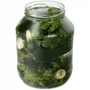 A glass jar filled with pickles, dill, and garlic. Voir les images du produit