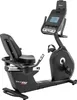 A black recumbent exercise bike is shown against a white background. Produktbild-Vorschau