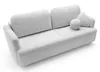 A white boucle sofa with two throw pillows, one round and one triangular, is shown against a white background. Produktbild-Vorschau