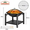 A black metal fire pit with a mesh cover and a grill grate, shown with dimensions and a logo. Produktbild-Vorschau