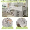 A white loft bed with a slide and stairs, featuring storage compartments underneath. The image is divided into a main shot and two close-up views highlighting specific features. Podgląd zdjęcia produktu