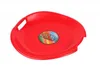 A red plastic sled with a colorful logo on a white background. Produktbild-Vorschau