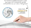 A hand is shown holding a white fabric, with a close-up of the fabric texture and an OEKO-TEX certification badge. Produktbild-Vorschau