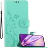 A turquoise phone case with a floral and butterfly design, shown open with a smartphone inside. Náhled obrázku produktu