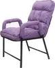 A purple upholstered chair with a black metal frame, shown against a white background.