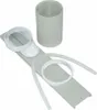 A collection of parts for a mobile air conditioner exhaust kit, including a window adapter, a hose, and a cylindrical exhaust vent, arranged on a white background. Produktbild-Vorschau