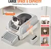 A cat is inside a large litter box with dimensions indicated. There are also images of different cat breeds and a scoop. Náhľad obrázku produktu
