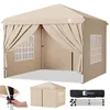 A taupe colored gazebo with curtains and windows, shown from the front with an open entrance. Smaller inset images show a close-up of a frame mechanism, the gazebo folded, and the folded frame. Podgląd zdjęcia produktu