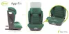 Collage of images showing a green car seat from different angles with measurements. Podgląd zdjęcia produktu