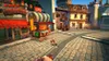 A character runs down a cobblestone street in a cartoonish town square, with buildings and a market stall visible. Produktbild-Vorschau