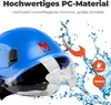 A blue safety helmet with a clear visor is shown, with water splashes and arrows indicating features. Text describes the material and benefits. Náhled obrázku produktu
