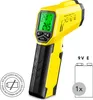A yellow and black infrared thermometer is shown against a white background, with a diagram indicating battery requirements. Produktbild-Vorschau