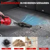 A collage showing a hand-held vacuum cleaner in use in a car trunk, with inset images demonstrating its effectiveness on hair, sand, and dust. Podgląd zdjęcia produktu