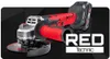 A red and black cordless angle grinder with a battery pack attached, set against a dark background with geometric patterns. Náhled obrázku produktu