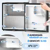 A mini refrigerator is shown with various dimensions and features highlighted by text overlays and measurements. Produktbild-Vorschau