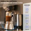 A stovetop espresso maker is shown on a stovetop, with steam rising from it. Text overlays indicate compatibility with various stove types. Produktbild-Vorschau