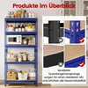 A collage showing a blue shelving unit filled with kitchen items, alongside close-up images highlighting its construction features. Produktbild-Vorschau