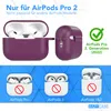 A collage showing an AirPods Pro 2 case in purple, with additional images demonstrating incompatibility with other AirPods models. Produktbild-Vorschau