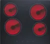 A top-down view of a black electric stovetop with four burners that are heated to a glowing red. Produktbild-Vorschau