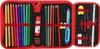 A red pencil case filled with colored pencils, erasers, a ruler, and other stationery items. Anteprima dell’immagine prodotto