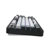 A close-up, side view of a black mechanical keyboard with white and gray keycaps, set against a white background. Produktbild-Vorschau