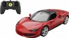 A red remote-controlled Ferrari car and its remote control are shown against a white background. Produktbild-Vorschau