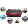 A collage of images showing people engaged in various fitness activities, surrounding a red and black vibration plate. Podgląd zdjęcia produktu