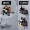 A split image showing a disorganized shower shelf on the left and an organized shower shelf on the right. Voir les images du produit